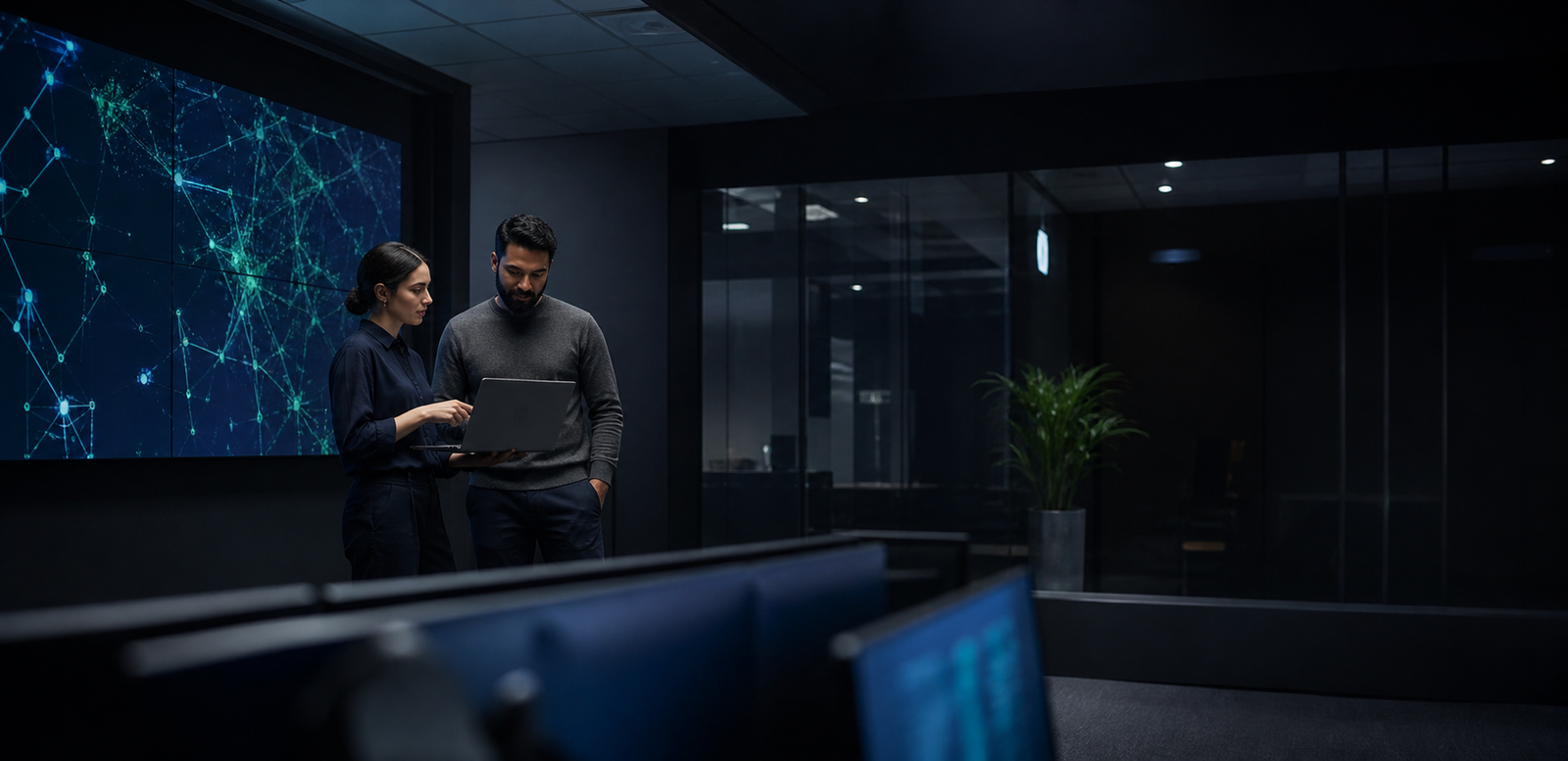 Technology specialists collaborating in a modern operations workspace